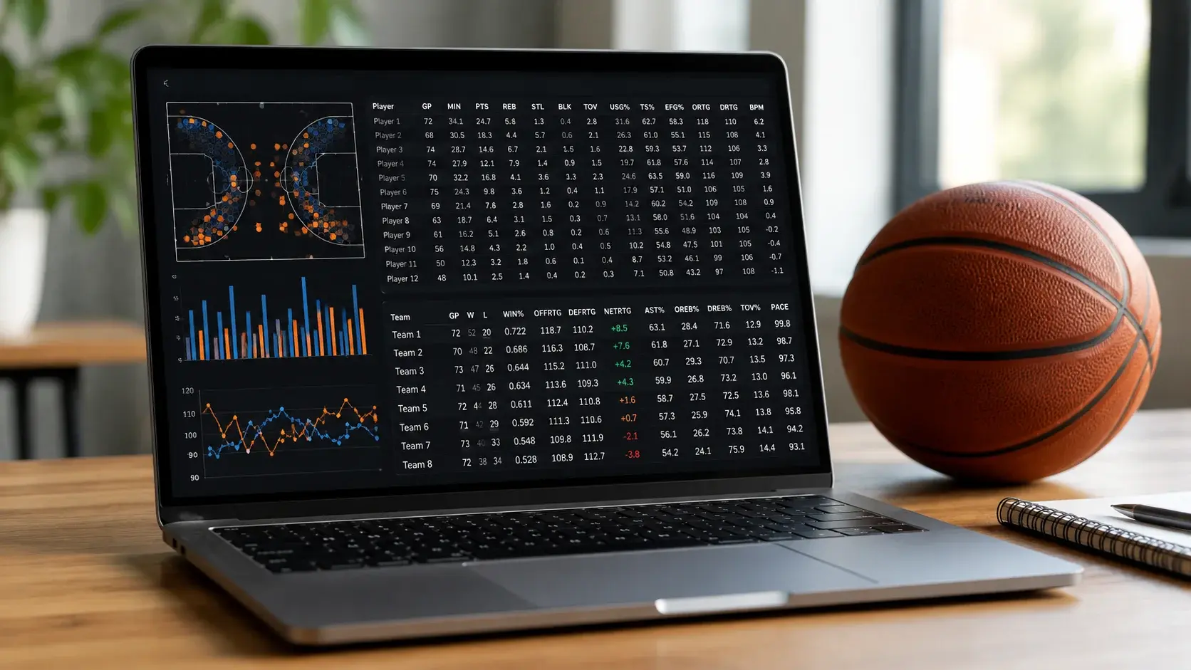 Laptop screen showing NBA team statistics and efficiency ratings with a basketball court in the background