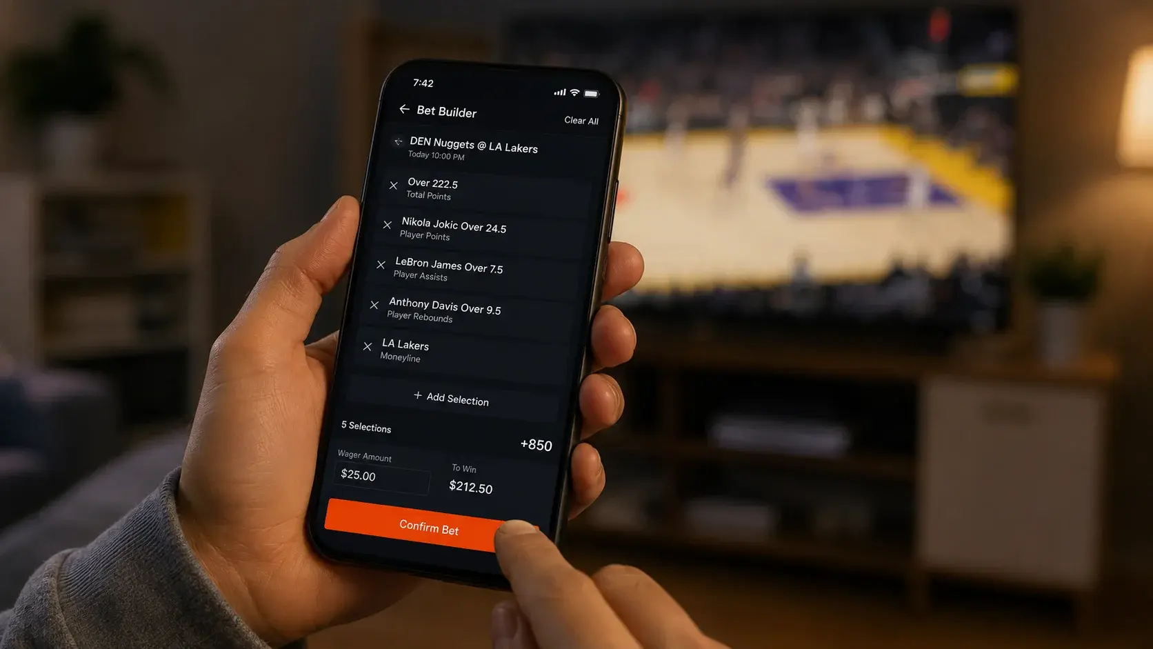 Step by step NBA bet builder construction at a UK bookmaker showing market selection process