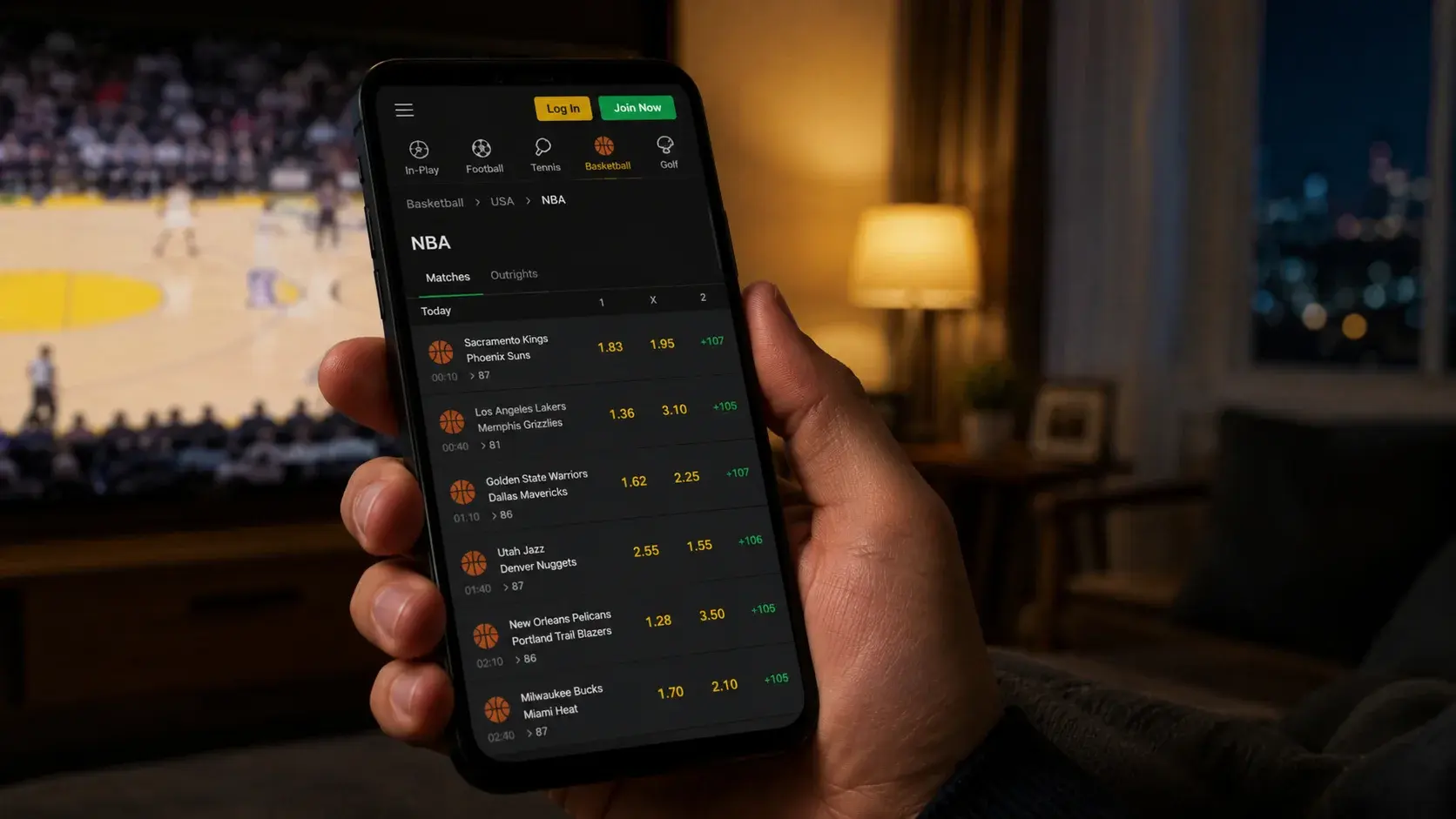 Smartphone displaying NBA betting app interface with live basketball odds for UK users