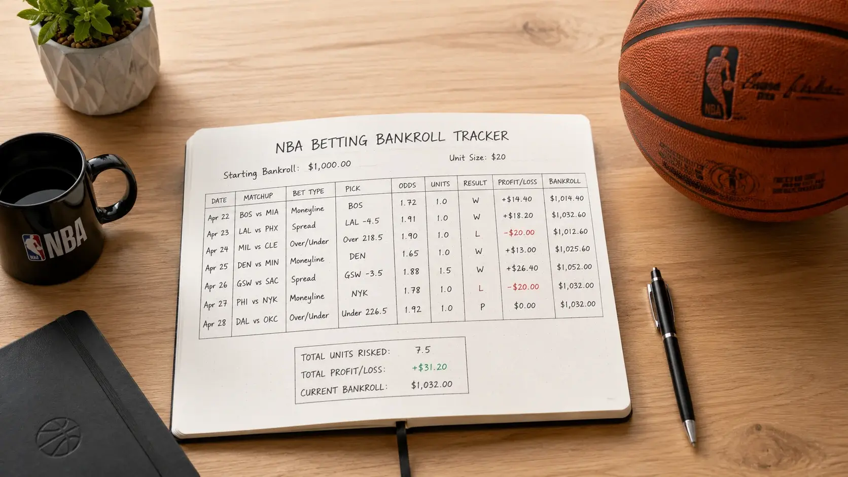 Notebook with an NBA betting staking plan and unit tracking grid laid out beside a basketball
