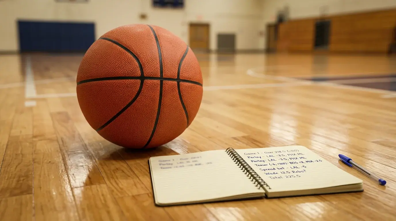 Basketball on a hardwood court next to a notebook with betting terminology and decimal odds written on it