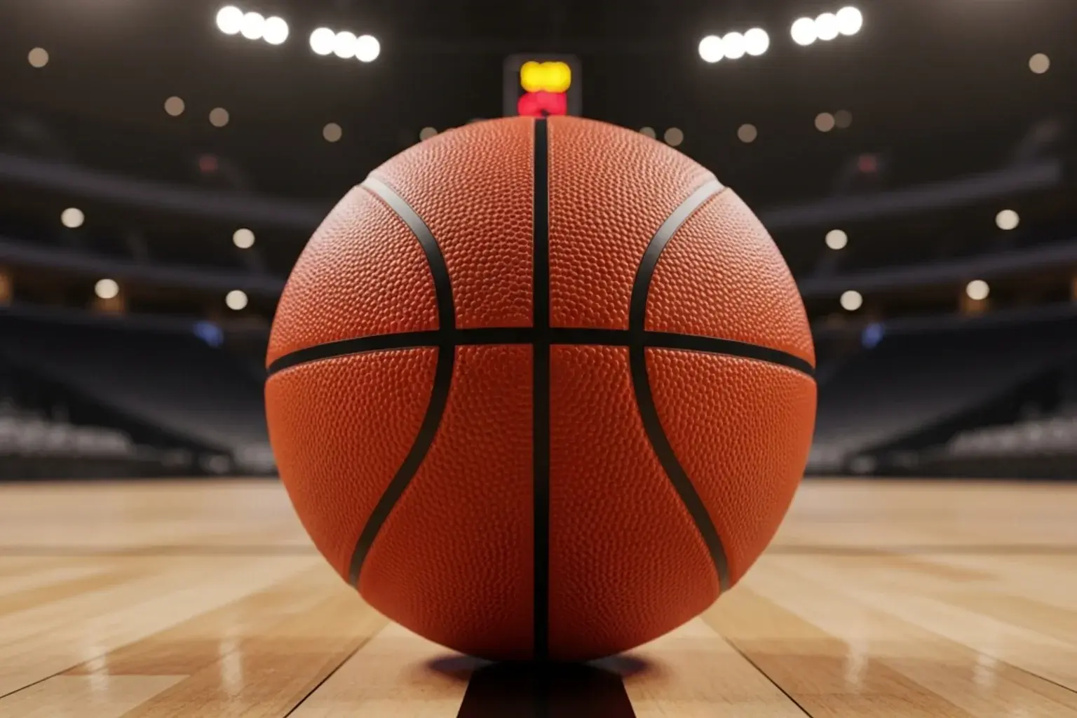 Official NBA basketball resting on a hardwood court with scoreboard lights visible in the background