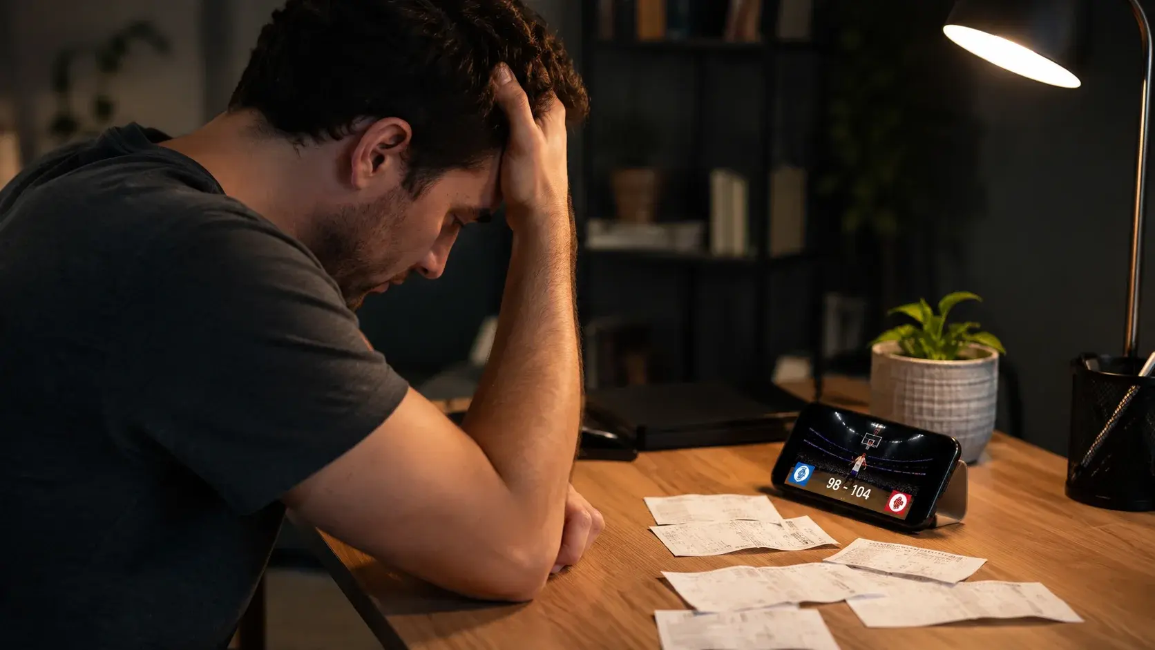 Frustrated sports bettor sitting at a desk with a phone showing NBA game scores and betting slips