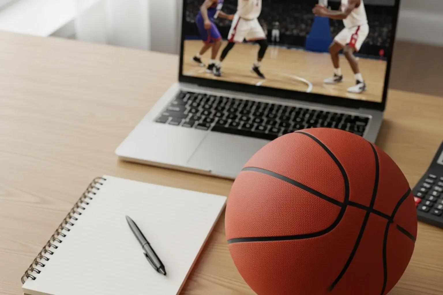 Basketball and notebook on a wooden desk with a laptop showing an NBA game in the background