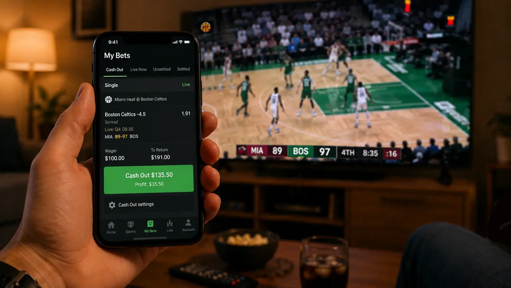 Mobile phone displaying an NBA betting app cash-out screen with a live basketball game playing on a television behind it