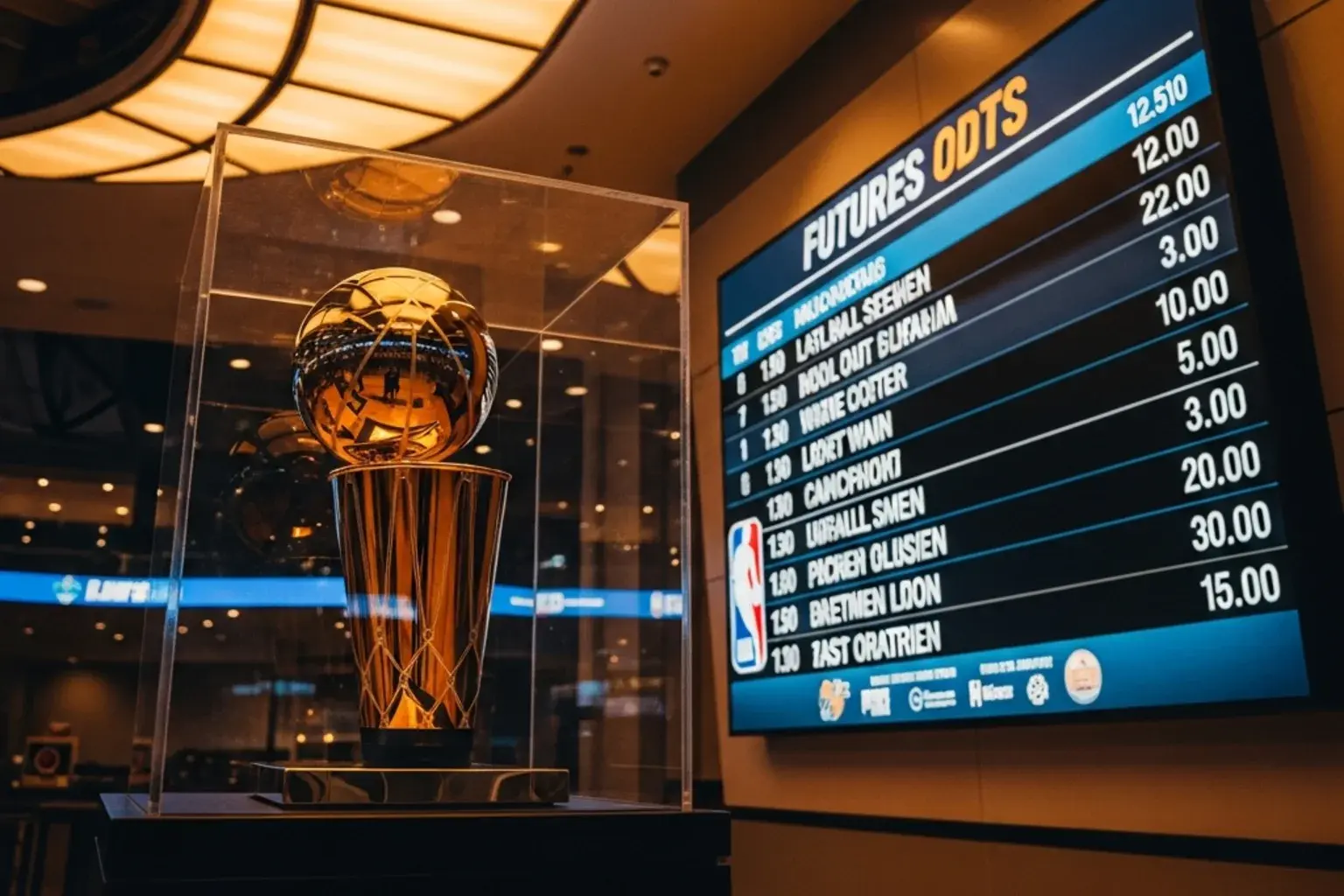 NBA championship trophy displayed alongside a futures betting board showing season-long odds at a UK bookmaker