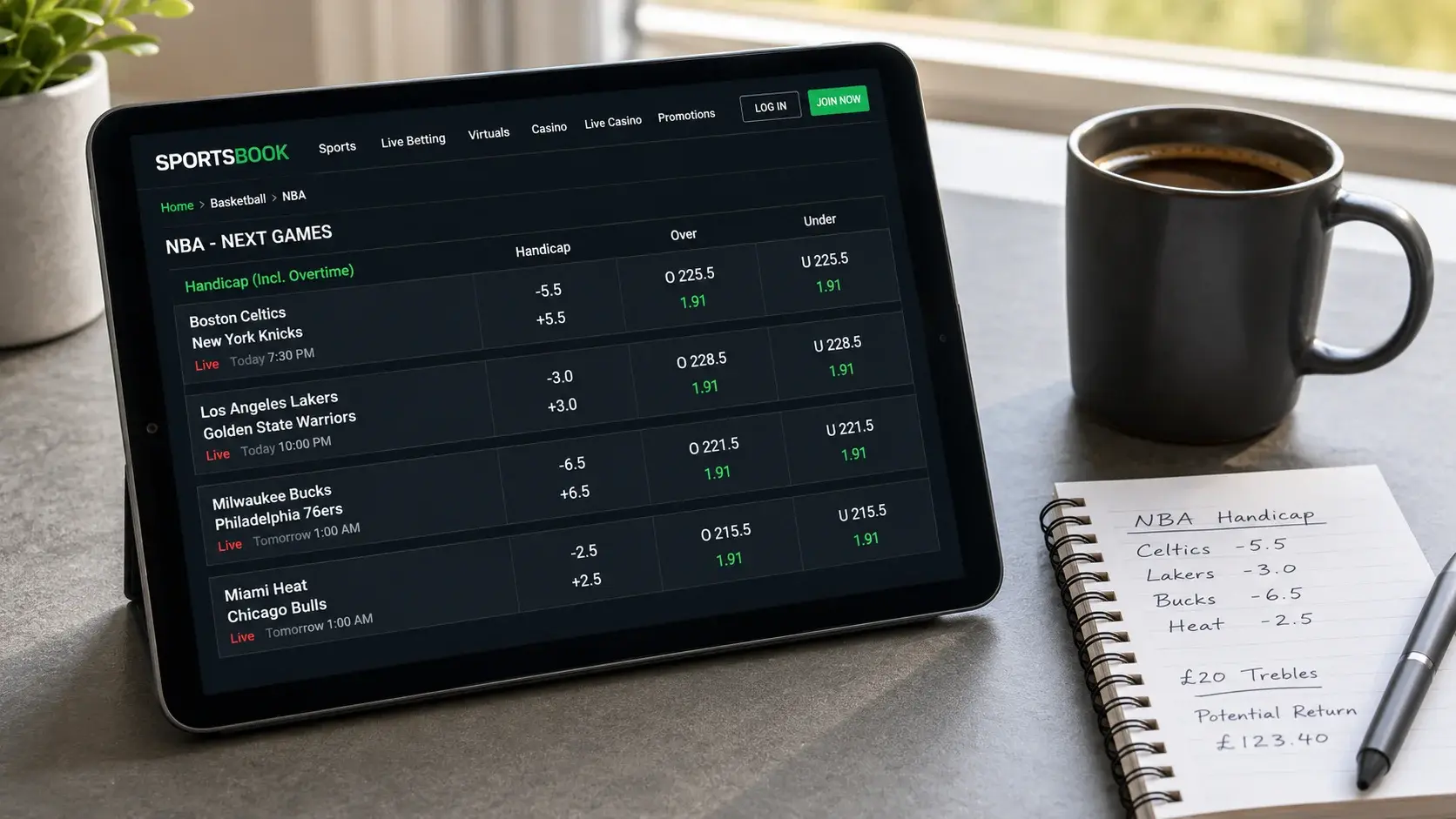 NBA handicap betting lines showing standard and Asian handicap options at UK bookmakers