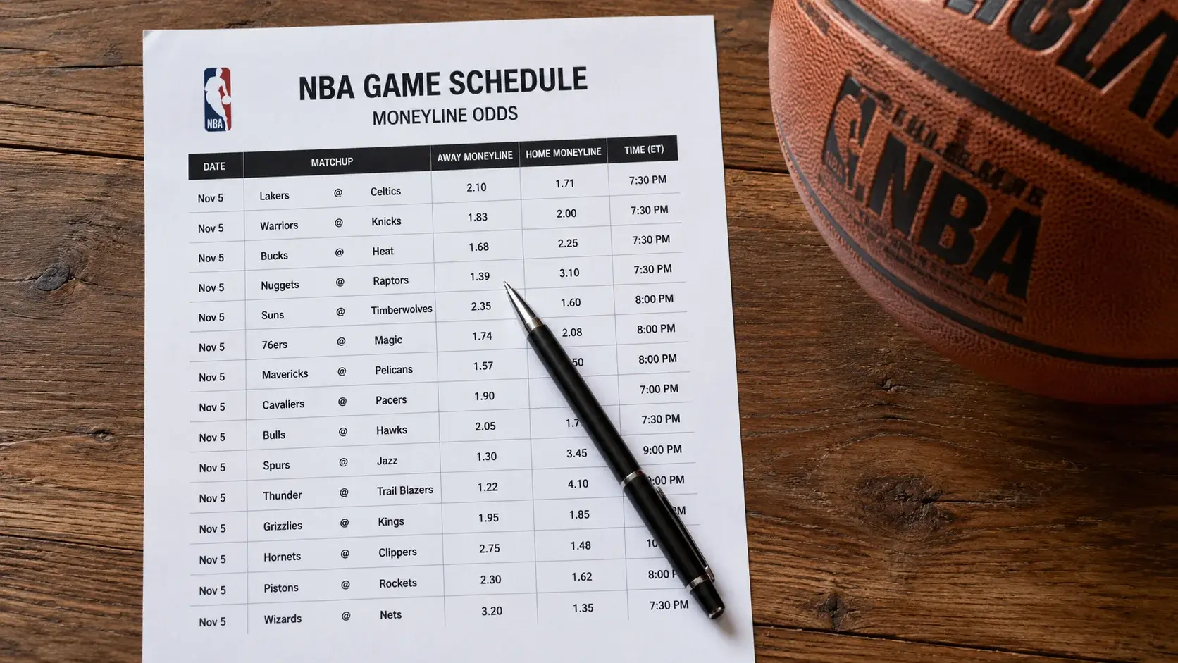 NBA moneyline betting explained with decimal odds showing favourite and underdog pricing