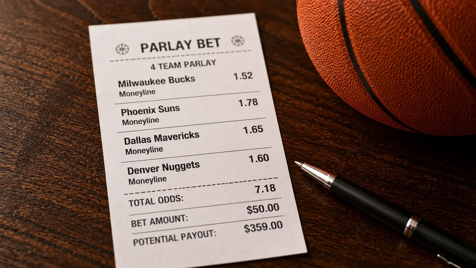 NBA parlay accumulator betting slip showing multiple legs with multiplied odds