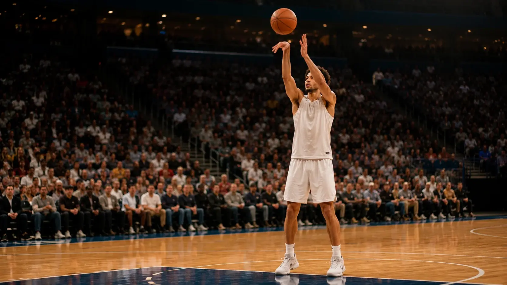 NBA basketball player shooting a free throw in a brightly lit arena with crowd in the background