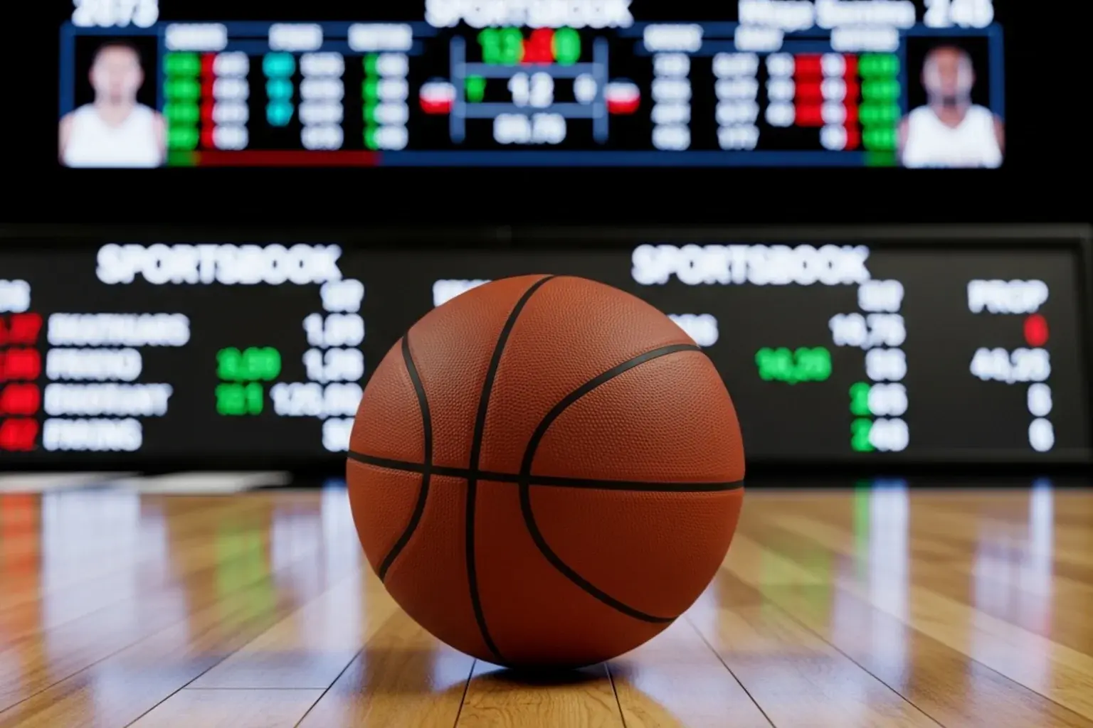 Close-up of an NBA basketball on a hardwood court with a digital sportsbook prop betting interface visible in the background