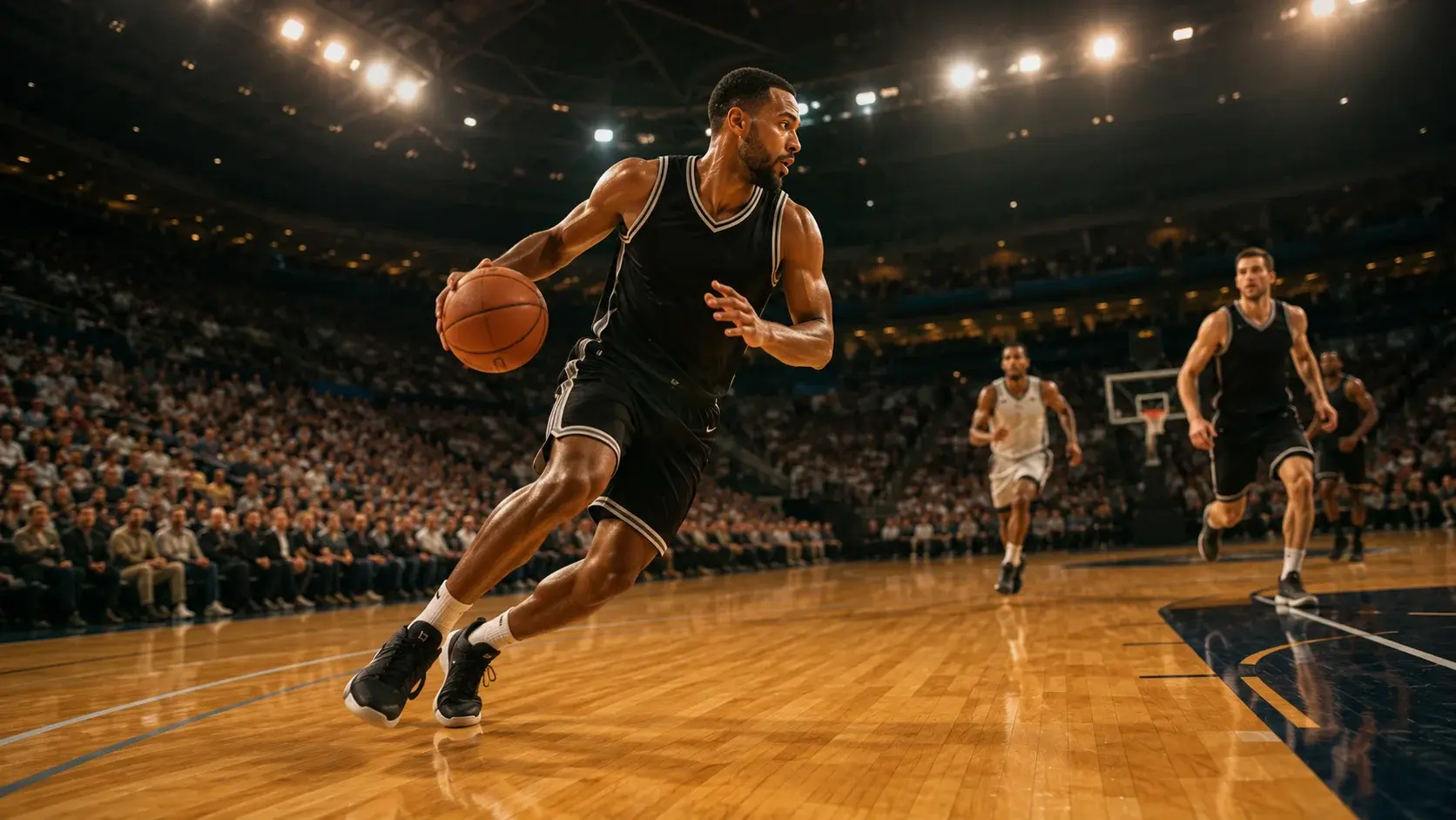 Basketball player driving to the hoop on an indoor hardwood court under bright arena lights