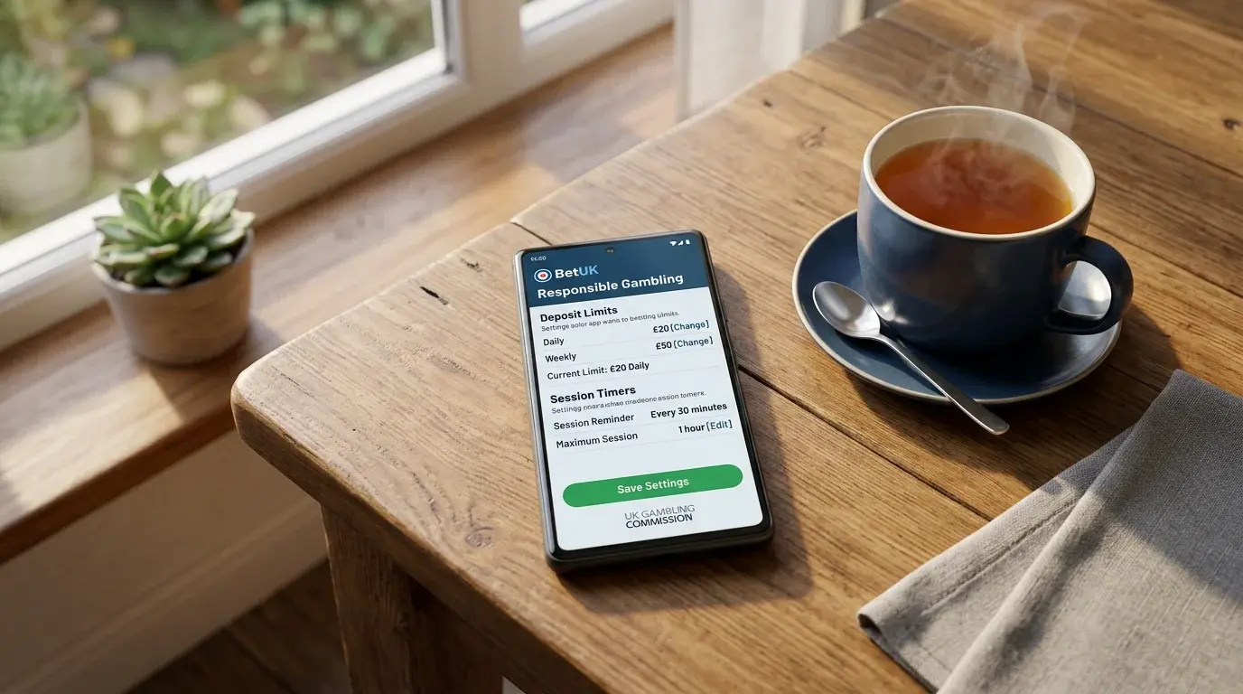 A person setting deposit limits on a UK betting app with responsible gambling tools visible on the screen