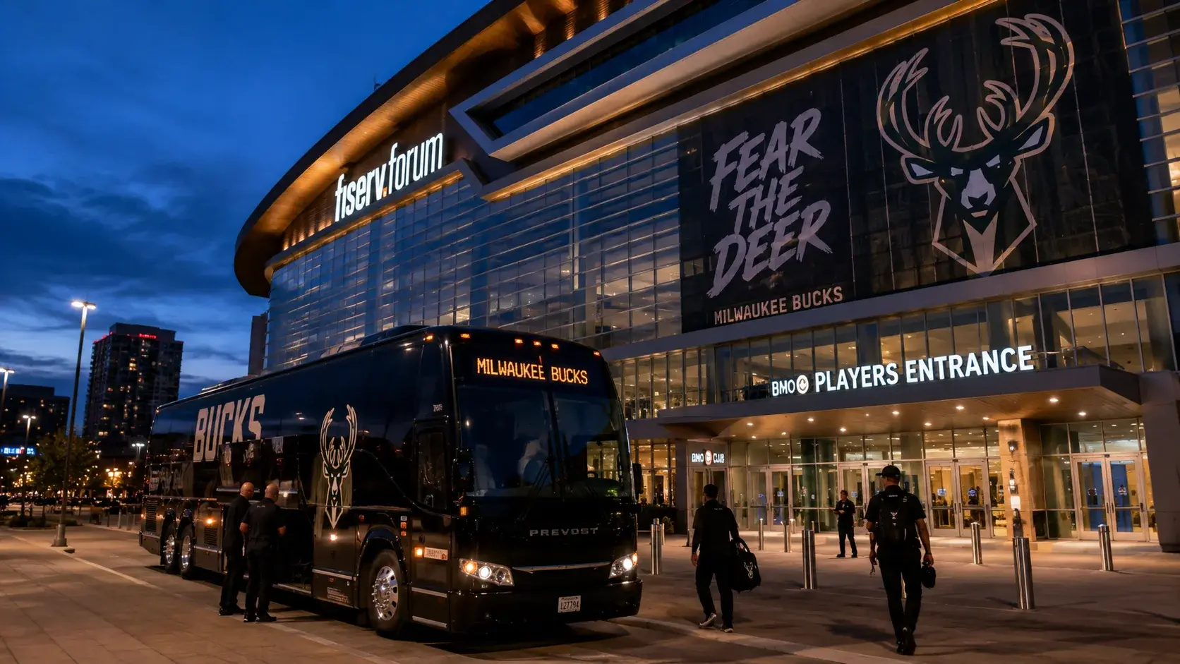 NBA arena exterior at night with a team bus parked outside illustrating road game travel and schedule fatigue