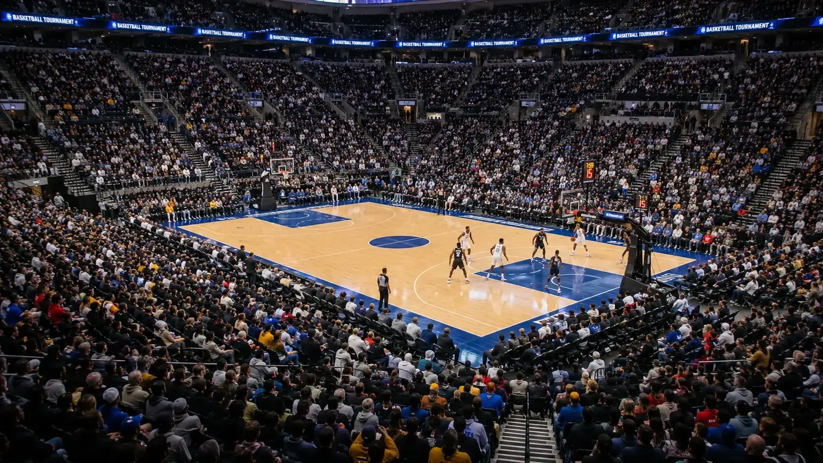 Packed NBA arena during a regular-season game with fans wearing team jerseys and the hardwood court fully visible