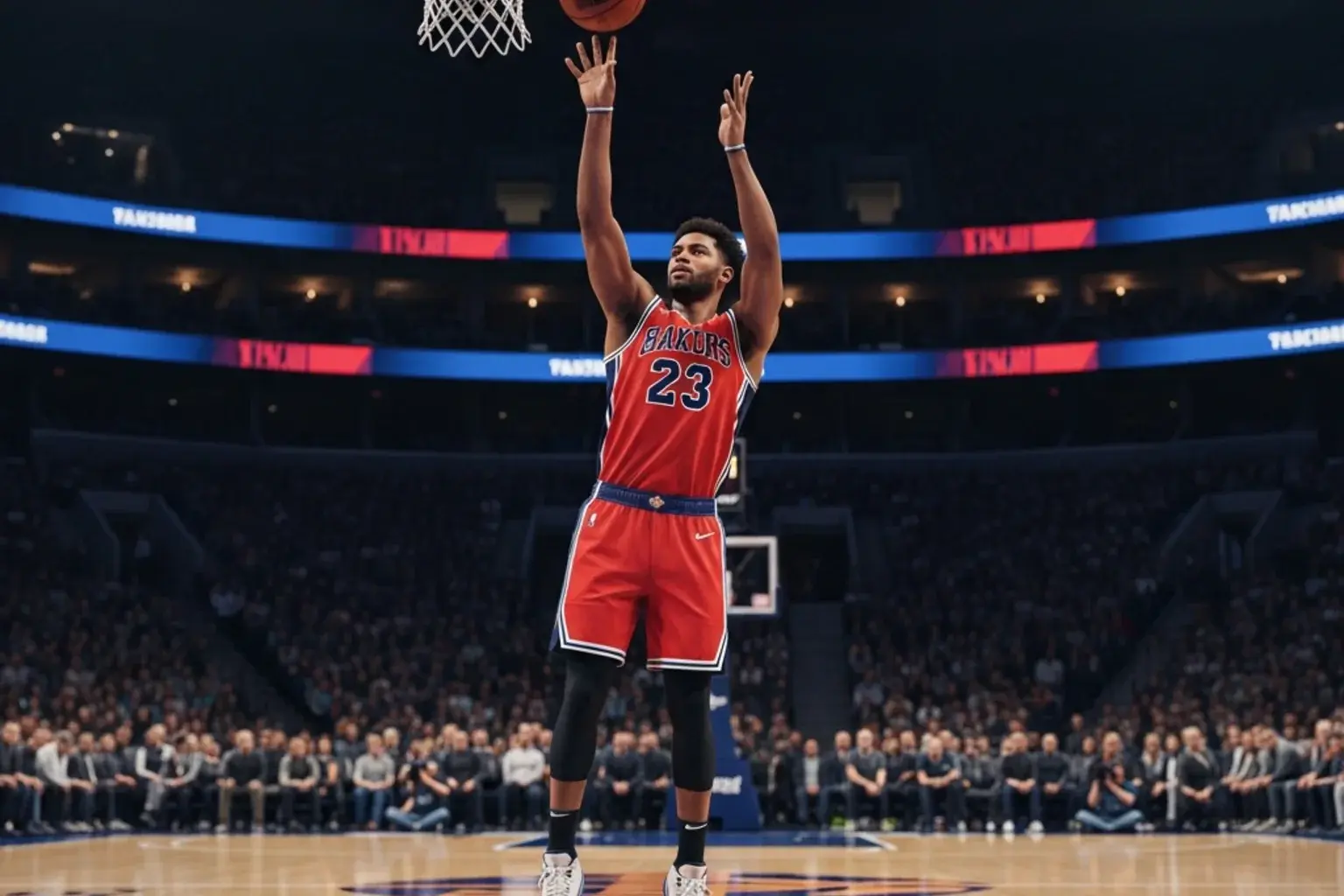 NBA player releasing a three-point shot from beyond the arc with the basketball mid-flight toward the hoop