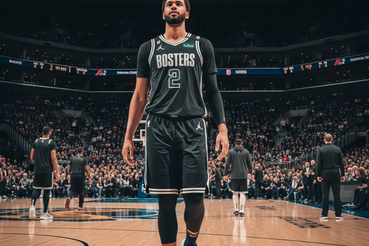 NBA player in a new team jersey during his first game after a mid-season trade with the arena crowd behind him