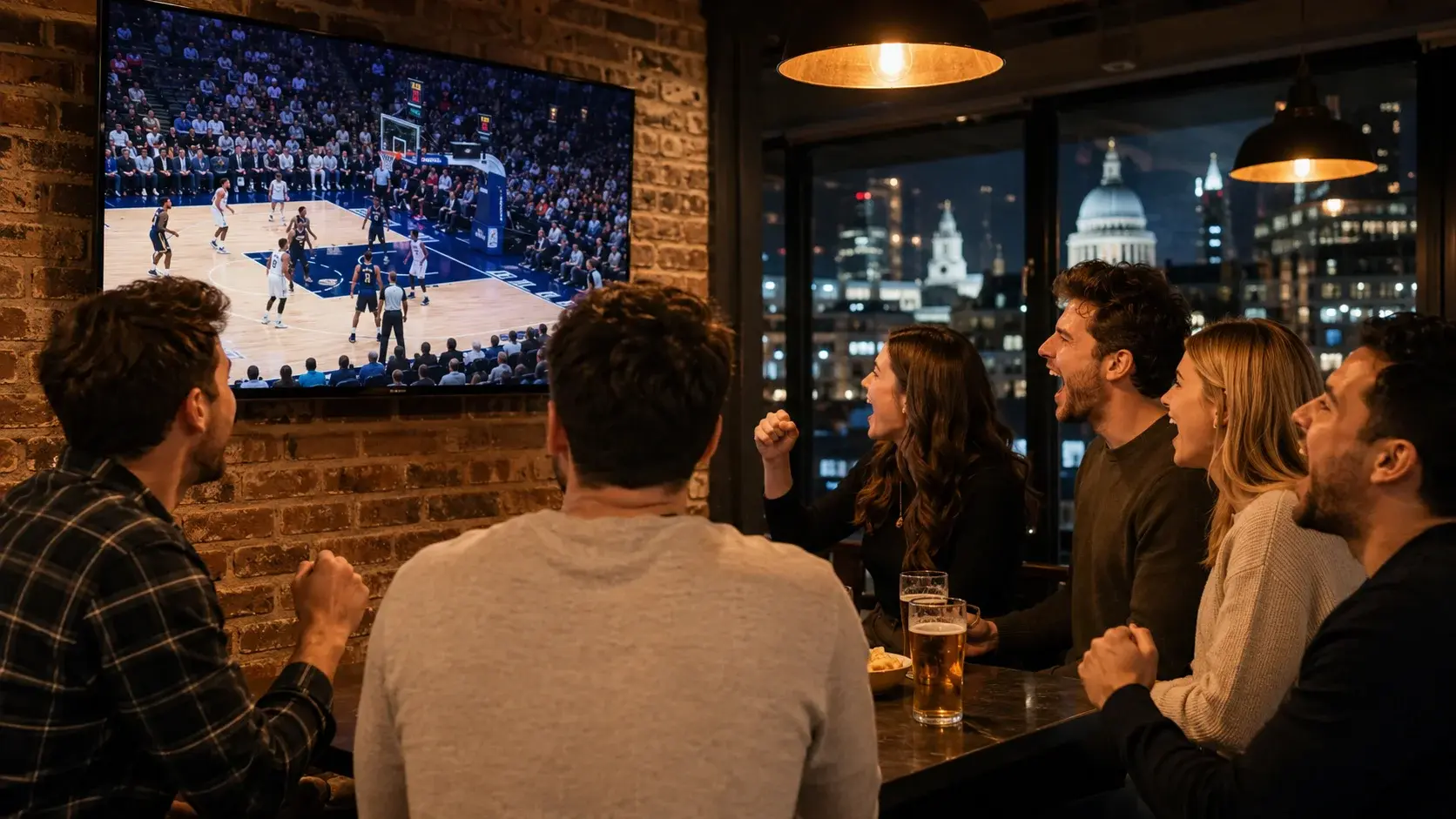 Young UK basketball fans watching an NBA game on a large screen in a London sports bar