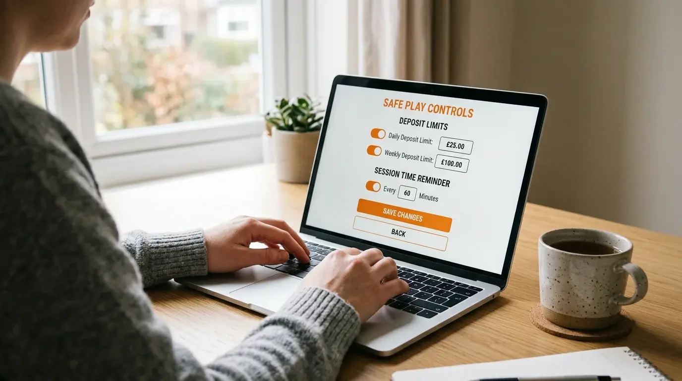 Person using a laptop with a responsible gambling settings page open, showing deposit limit and self-exclusion options
